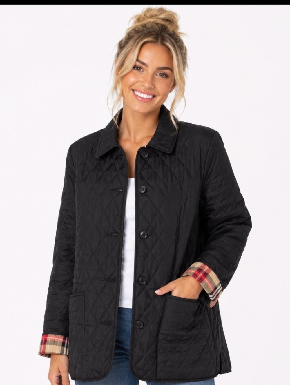 J.SMITH Plus Quilted Black Button-Front Jacket with Plaid Cuff (SIZE:see Pics)